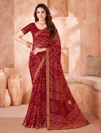 Maroon chiffon printed saree for festive wear