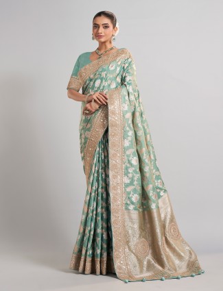 Mint green banarasi silk zari weaving saree for weddings