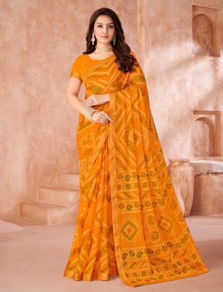 Orange bandhani printed chiffon saree for women festive wear