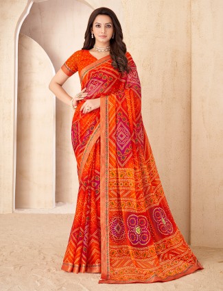 Orange bandhej printed saree in soft chiffon for women