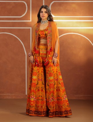 Elegant orange silk palazzo suit with shrug