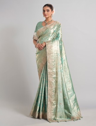 Pista green kanjivaram silk saree with zari work