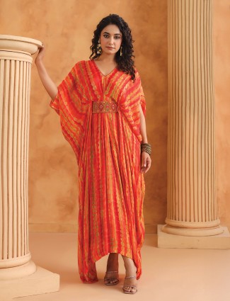 Printed orange  silk western style kurti