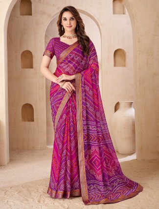 Purple chiffon saree in bandhani print for women