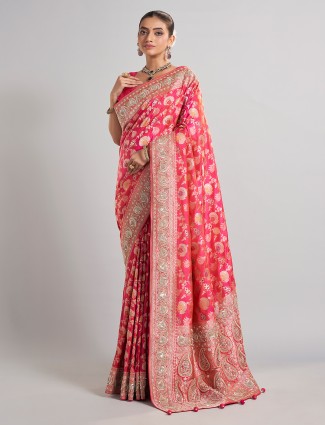 Rani pink banarasi silk saree with zai work details