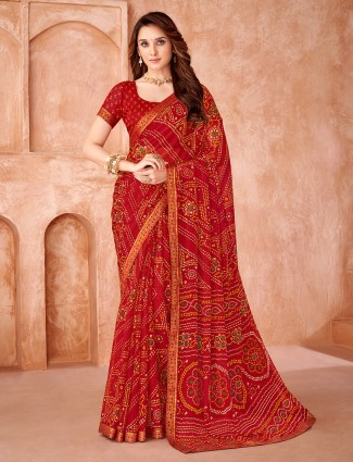 Red festive wear chiffon saree for women wear