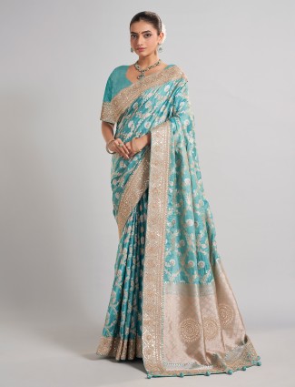 Sky blue banarasi silk saree with zari detailing