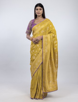Golden yellow dola silk readymade saree for joyous celebration