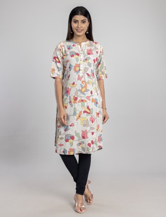 Beige printed cotton silk kurti for women