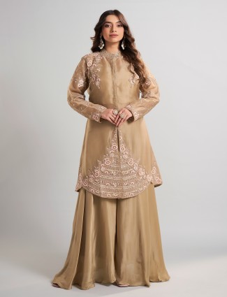 Beige tissue and satin silk designer pakistani palazzo