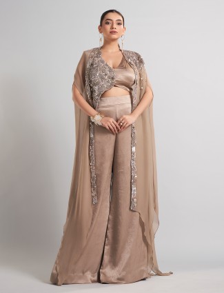 Beige silk palazzo suit with designer shrug