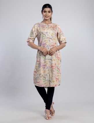 Beige printed linen kurti for women