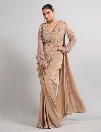 Beige satin silk designer saree for party wear