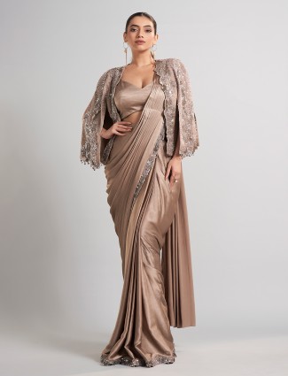 Beige satin silk jacket style designer ready to wear saree