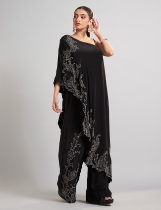 Black satin silk palazzo suit for party wear