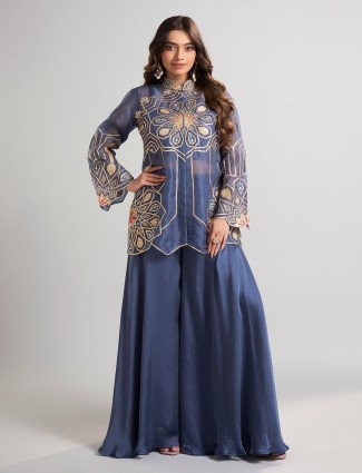Blue tissue and satin silk designer palazzo for weddings