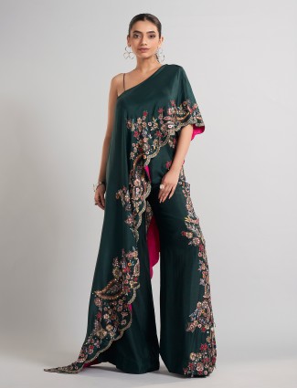 Bottle green silk designer palazzo outfit