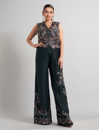 Bottle green sleeveless silk palazzo ensemble