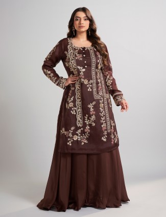 Brown tissue and satin silk pakistani palazzo ensemble