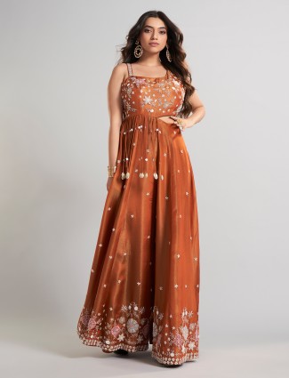 Brown silk designer jumpsuit with heavy embellishments