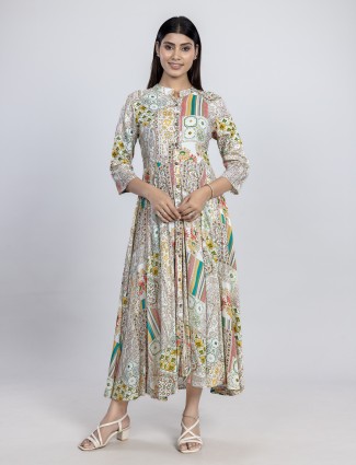 Cream printed casual cotton kurti for women