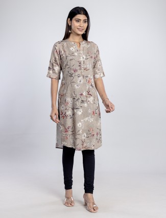 Dark beige linen printed kurti for women