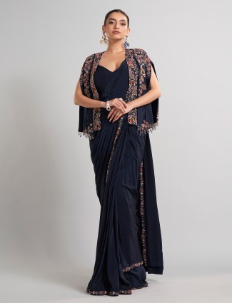 Navy chinon silk designer saree for party wear