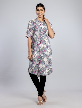 Grey cotton silk casual kurti for women