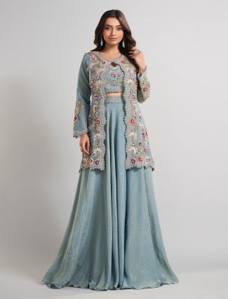 Ice blue silk jacket-style designer palazzo outfit