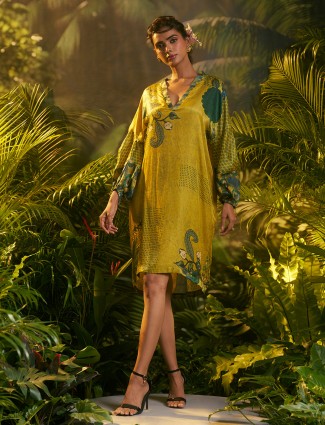 Radiant lime yellow printed silk kurti