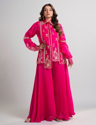 Magenta silk palazzo suit with collar neck