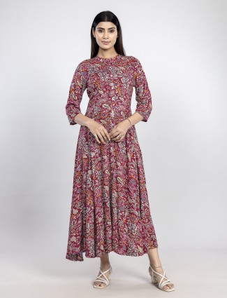 Maroon cotton silk printed long kurti for women