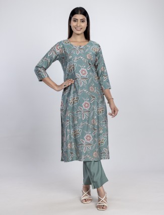 Mint green silk printed kurti for women