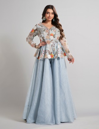 Pastel blue silk designer pakistani palazzo set