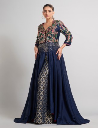 Peacock blue silk anarkali palazzo ensemble