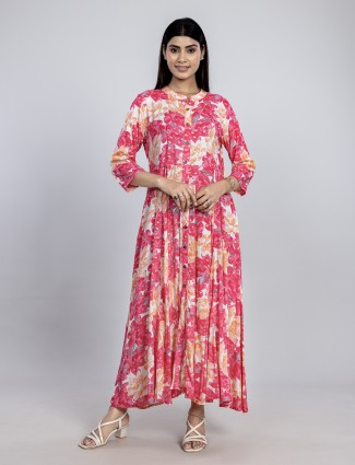 Pink printed long kurti in cotton silk