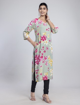 Pista green printed cotton kurti for women