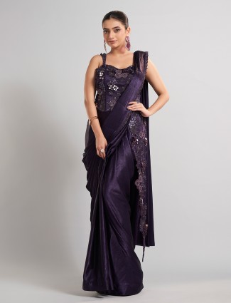 Purple satin silk ready to wear saree for wedding wear