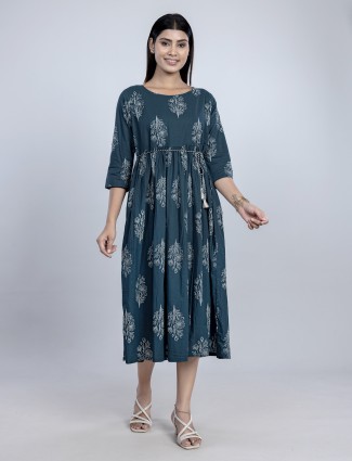 Rama blue cotton printed kurti for women