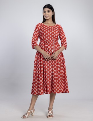Rust red cotton casual wear kurti for women
