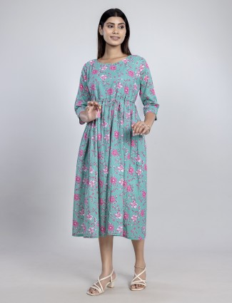 Sage green printed cotton kurti for women