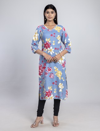 Stone blue cotton printed casual kurti