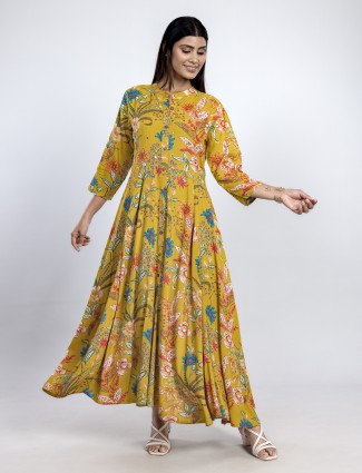 Yellow printed long cotton silk kurti for women
