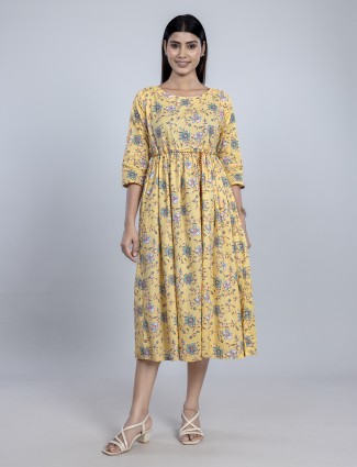 Yellow cotton printed kurti for casual wear