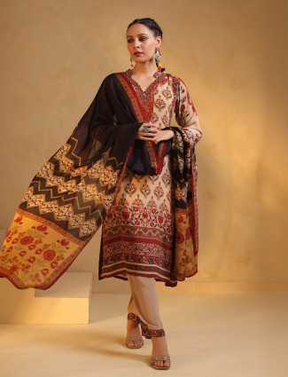 Cream black silk festive salwar suit