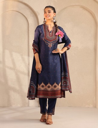 Navy silk festive printed salwar suit