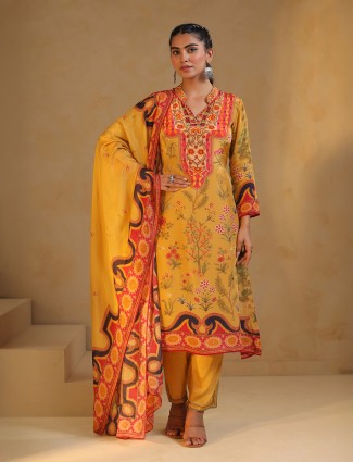 Yellow silk salwar suit with print for women