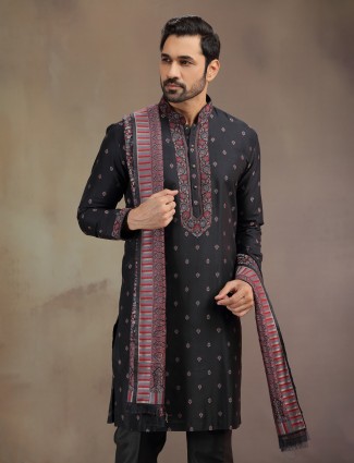 Black cotton silk kurta pajama with woven detailing