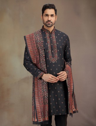 Black cotton silk thread work kurta pajama