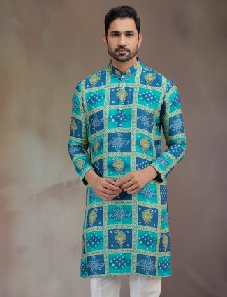 Blue printed silk kurta pajama for festive wear